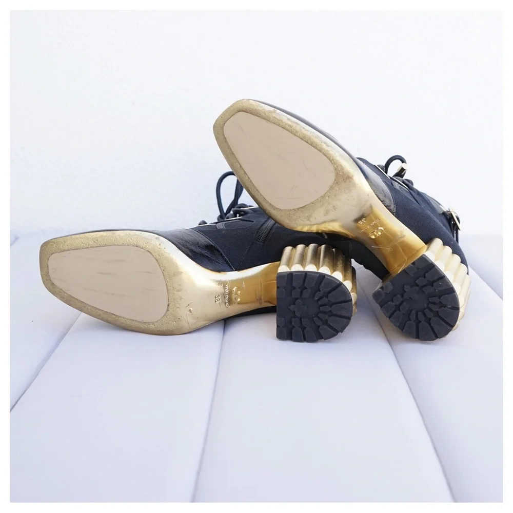 Dior Black Canvas and Crinkled Leather Sculpted Block Heel Ankle Boots Size 38.5 - Picture 7 of 10